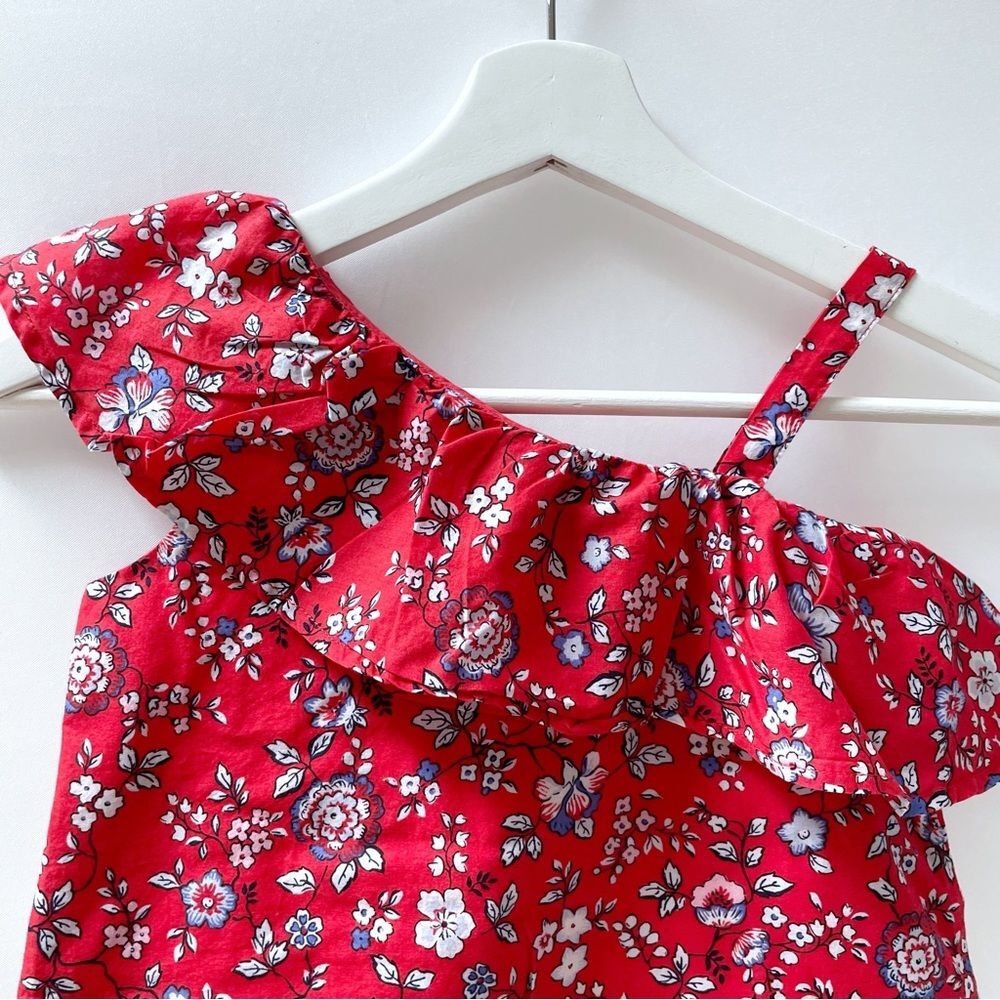 Janie & Jack Girls One Shoulder Floral Top Size 6 Red Ruffle Cotton Blouse - Picture 3 of 7